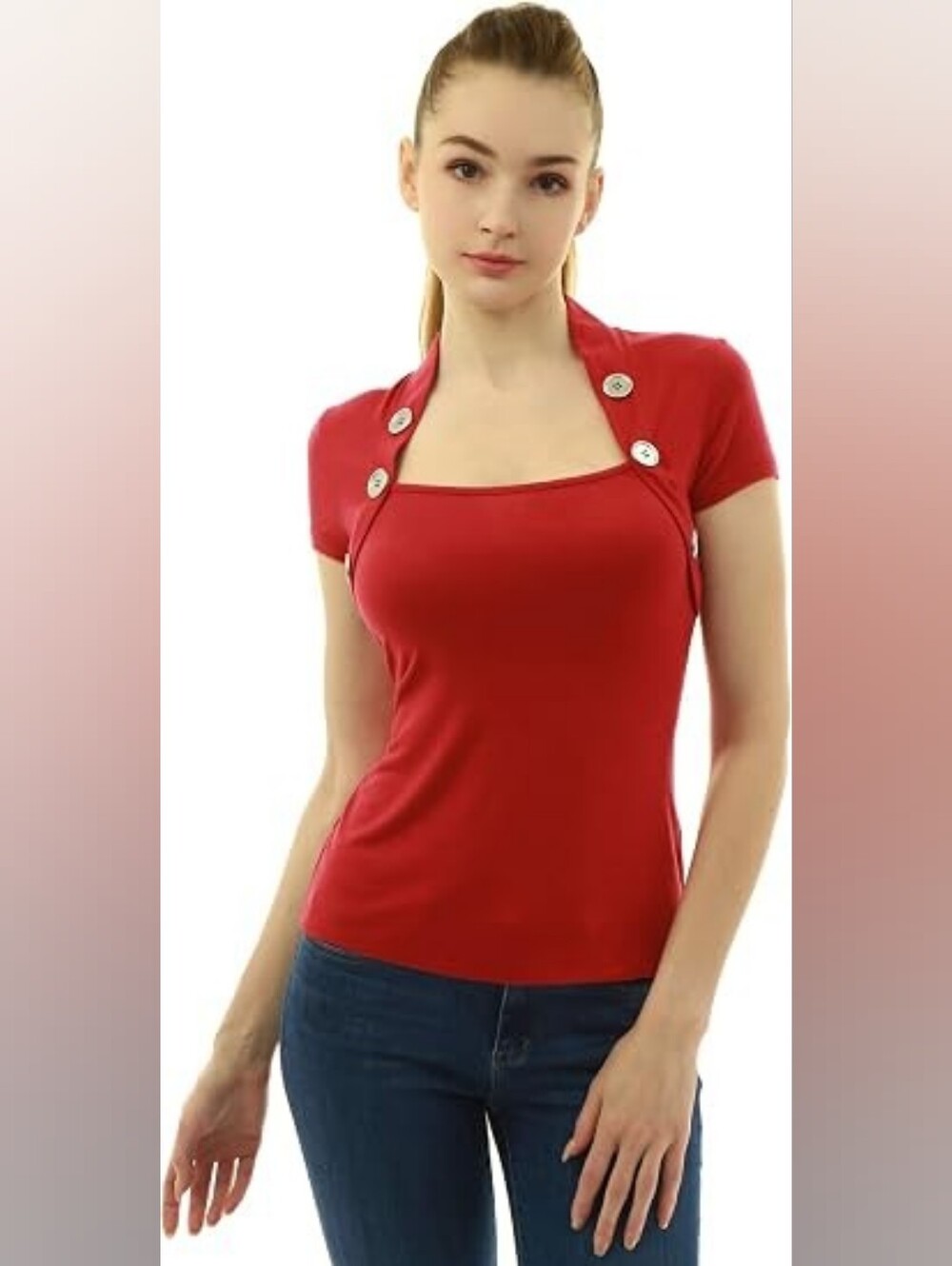 Amelie Boutik Red Bolero Mock Twinset Button Accent Scoop Neck Tee Slim - XL